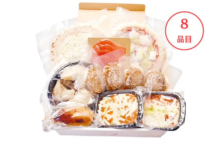アイスター商事「パーティーセット2025」のお届けイメージ。 外箱を開けて、中の食材セットが見えるように撮影。