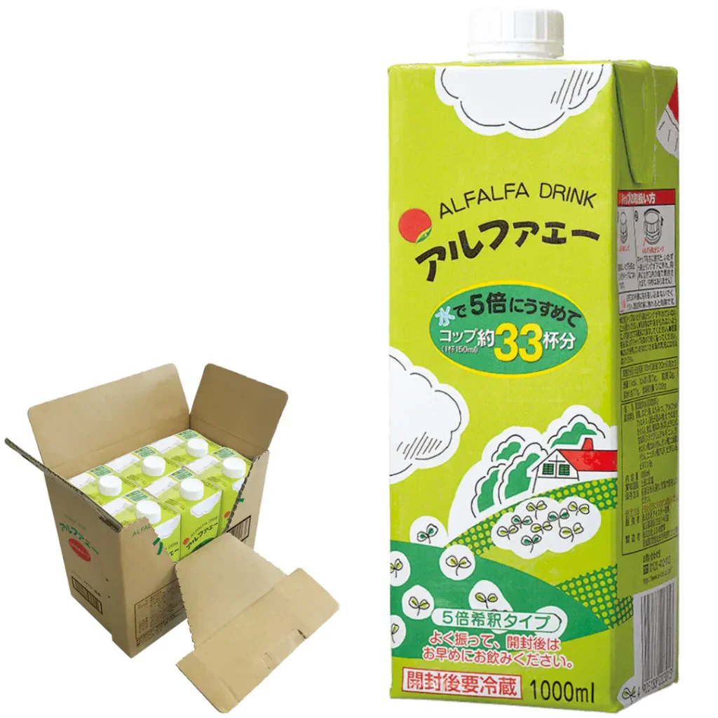 清涼飲料水アルファエー、希釈タイプの商品画像(緑色のパッケージ/キャップ付き)と、6パック入りのケース(段ボールを開封した状態)の画像/
販売元:株式会社アイスター商事