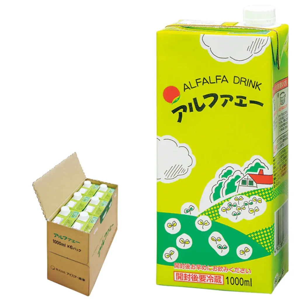 清涼飲料水アルファエー、1リットルパックの商品画像(グリーンをベースにした牧場のイメージのパッケージ/キャップ付き)と、6パック入りのケース(段ボールを開封した状態)の画像/
販売・卸元:株式会社アイスター商事