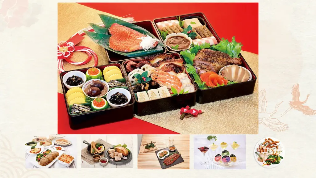 アイスター商事 - 季節商品2025｜お届けしたい四季折々の贈り物〜 アイスター商事の定番おせち料理「なごやかセット白鳥」を重箱に盛り付け、そのほかの季節商品は、それぞれ盛り付けて画像下部に配置。