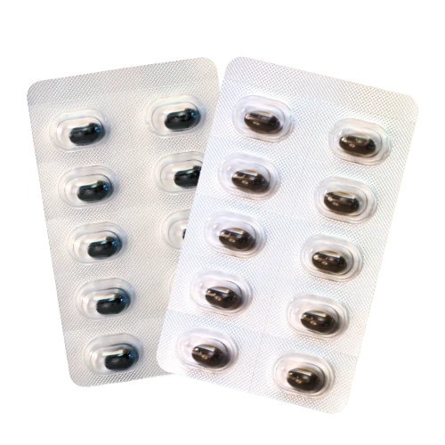 アイスター商事「宇宙のひみつ（サプリメント）」中身のカプセルを表示した画像。（無着色PTPシート）