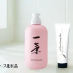 岡山県倉敷市のふるさと納税返礼品に登録の２品、「アイレディース・洗顔フォーム」と「ボディクレンジング 一気」の商品画像、背景は朝日が差し込む洗面台。 返礼品登録事業者：株式会社アイスター商事